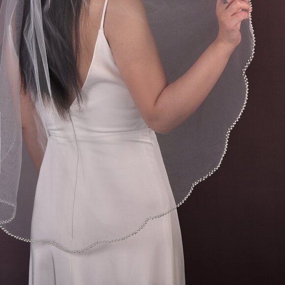 BRIDELLA BV35 Pearl Ruffle Bridal Wedding Veil Short Single Layer Hip Length - Picture 1 of 9